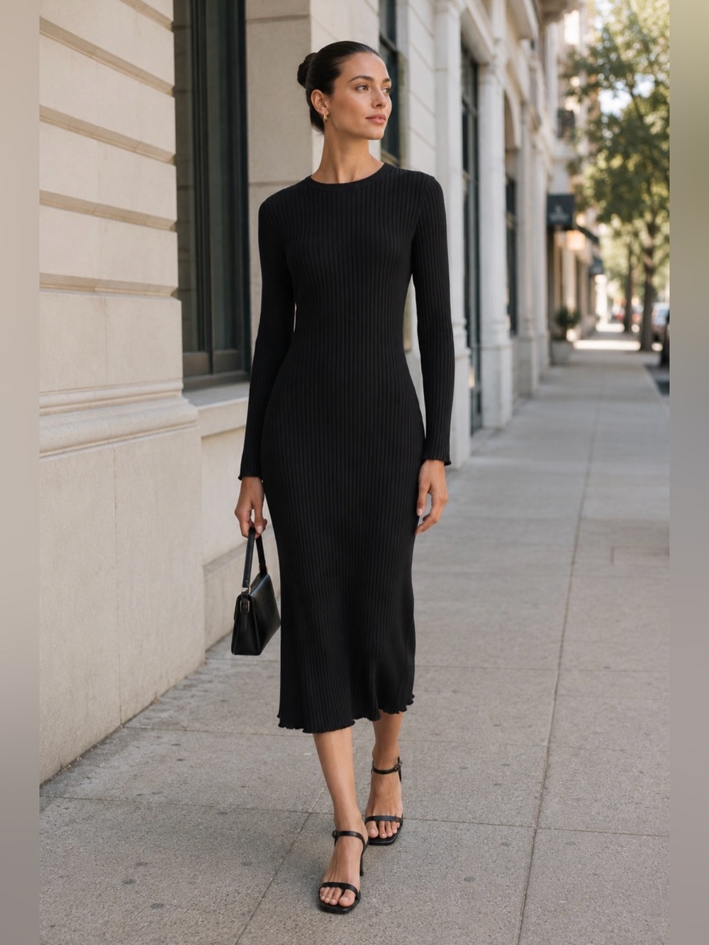 VINCE Ribbed Knit Midi Dress Black Long Sleeve Size L